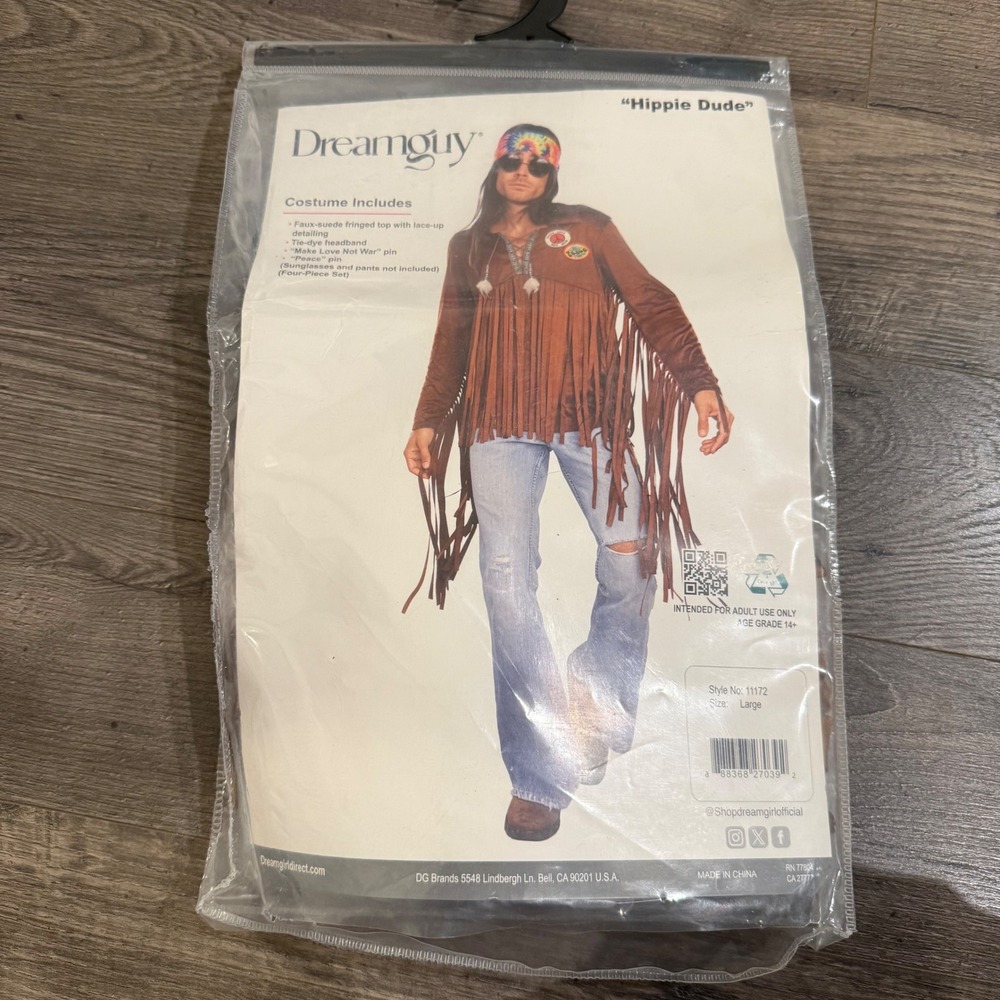 Dreamguy Hippie‎ Dude Costume Mens Large Brown Faux Suede Fringe 4pc Set 11172